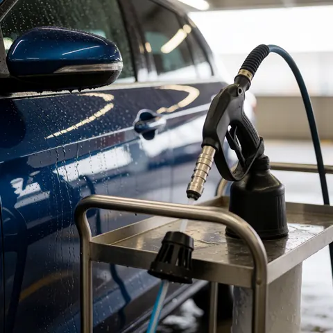 Près d'un chariot métallique avec tuyau et buse de lavage, à côté d'une voiture bleie brillante fraîchement lavée dans un parking.