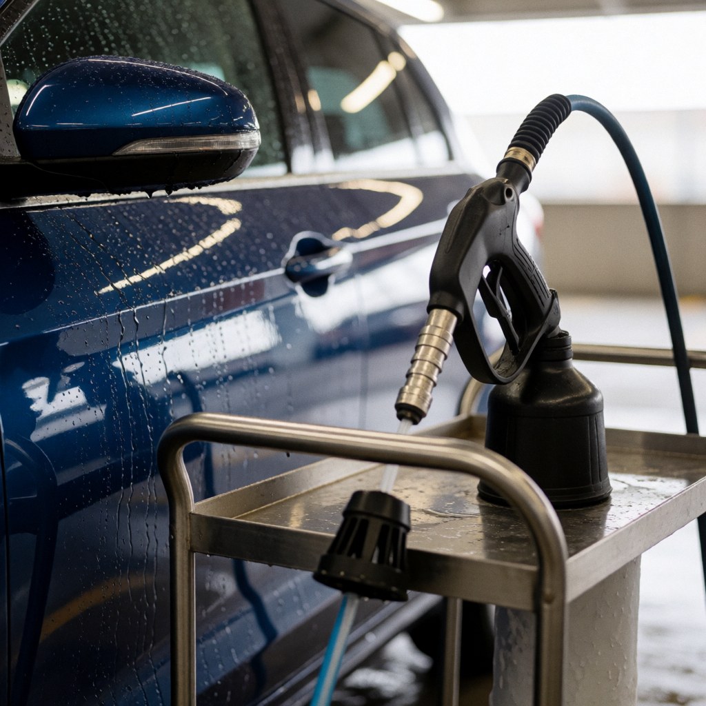 Près d'un chariot métallique avec tuyau et buse de lavage, à côté d'une voiture bleie brillante fraîchement lavée dans un parking.