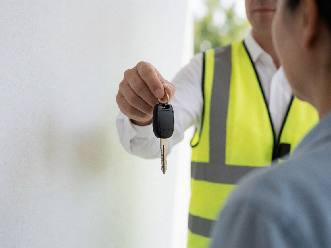 Un agent de parking en gilet jaune remet les clés d'une voiture à un client dans un stationnement professionnel éclairé par la lumière naturelle.