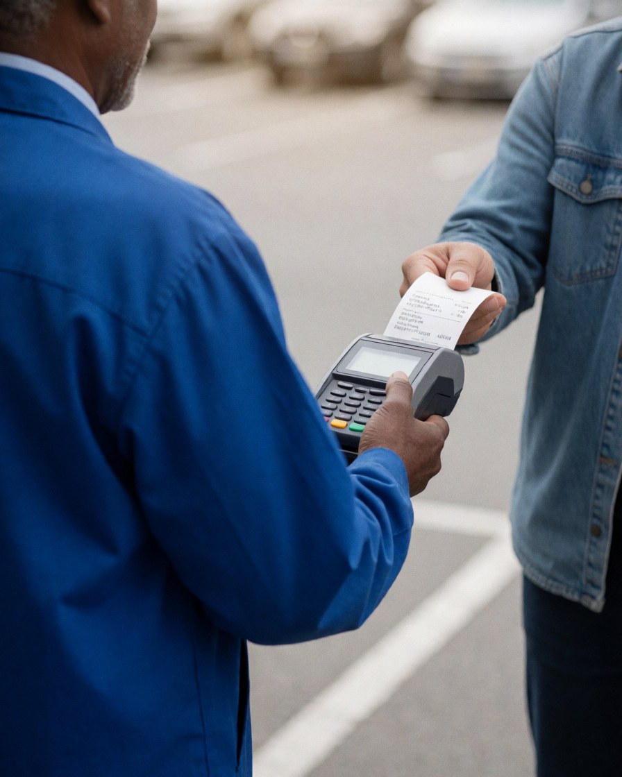 Personne effectuant un paiement dans un parking à l'aide d'un terminal de carte et d'un reçu. Scène diurne avec éclairage doux et arrière-plan flou.