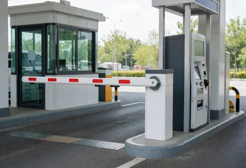 Entrée de parking avec barrière blanche relevée, kiosque de paiement et cabine de surveillance sur un sol propre en lumière naturelle.