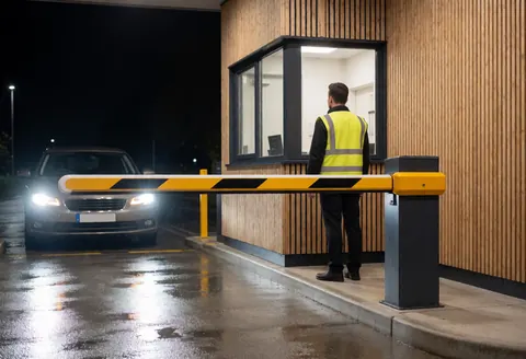 Gardien de parking en uniforme réfléchissant contrôle l'accès nocturne avec une barrière jaune et noire, un véhicule aux phares allumés s'approche sur un sol mouillé reflétant la lumière près d'un bâtiment.