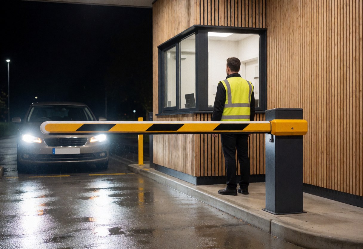Gardien de parking en uniforme réfléchissant contrôle l'accès nocturne avec une barrière jaune et noire, un véhicule aux phares allumés s'approche sur un sol mouillé reflétant la lumière près d'un bâtiment.