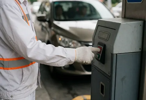 Un agent de parking en uniforme blanc et gants appuie sur un bouton rouge d'un panneau métallique pour ouvrir la porte, tandis qu'une voiture attend en arrière-plan.