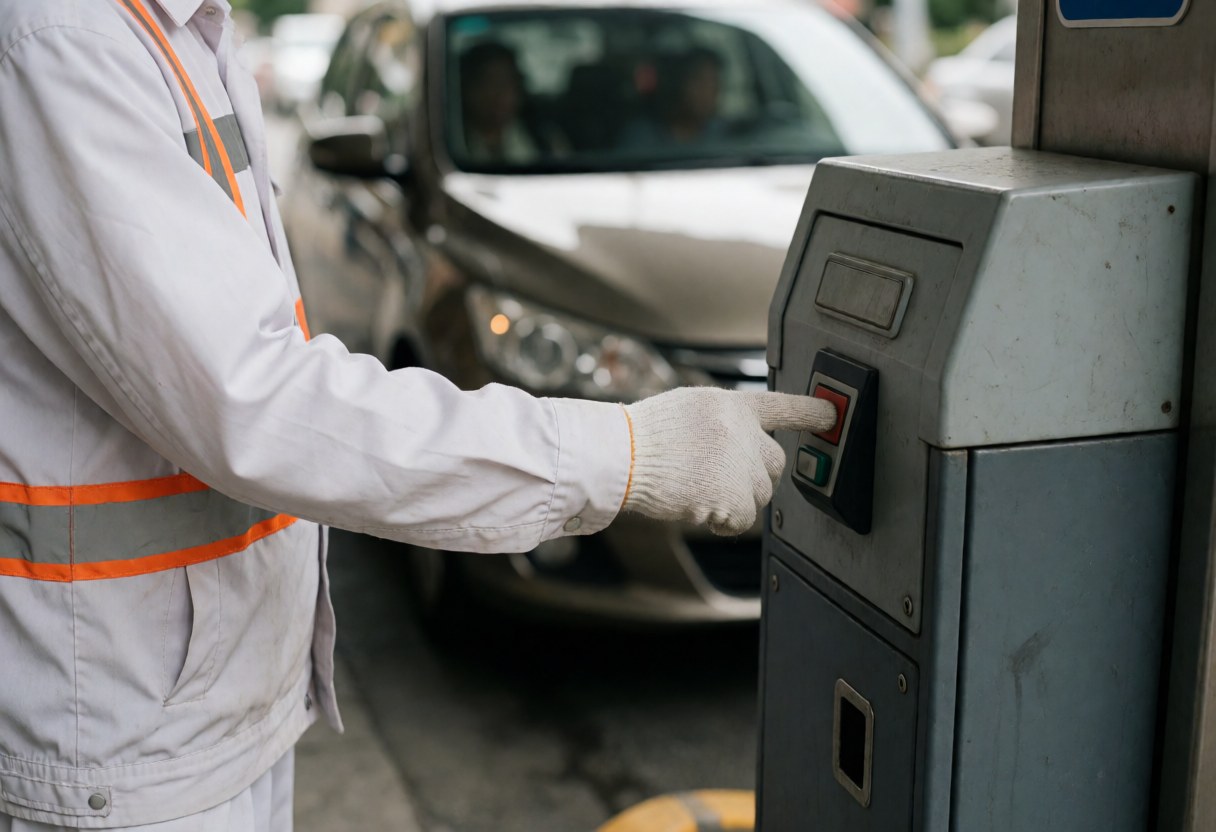 Un agent de parking en uniforme blanc et gants appuie sur un bouton rouge d'un panneau métallique pour ouvrir la porte, tandis qu'une voiture attend en arrière-plan.
