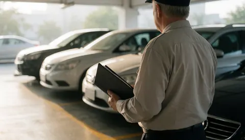 Un agent de stationnement en uniforme examine les voitures dans un parking couvert éclairé par une lumière douce du matin.