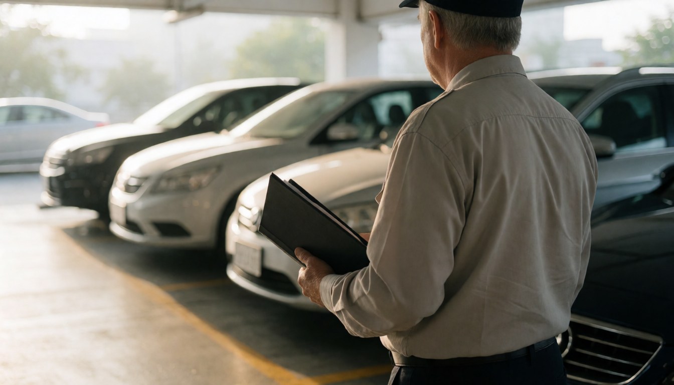 Un agent de stationnement en uniforme examine les voitures dans un parking couvert éclairé par une lumière douce du matin.