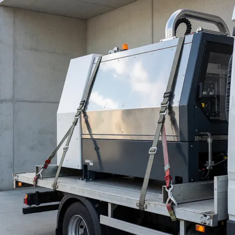 Machine en métal brillant attachée avec des sangles rouges et grises sur une plateforme de camion, murs de béton en arrière-plan, éclairage naturel.