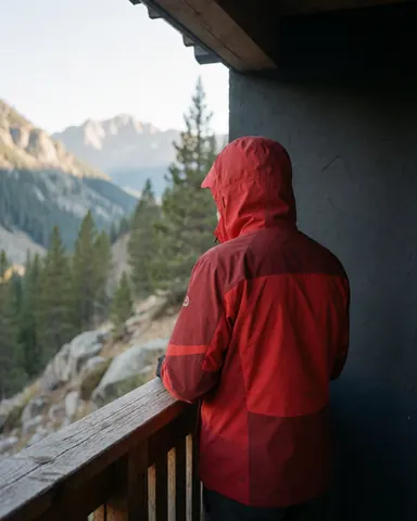 Un homme portant une veste rouge regarde un paysage montagneux depuis un balcon en bois.