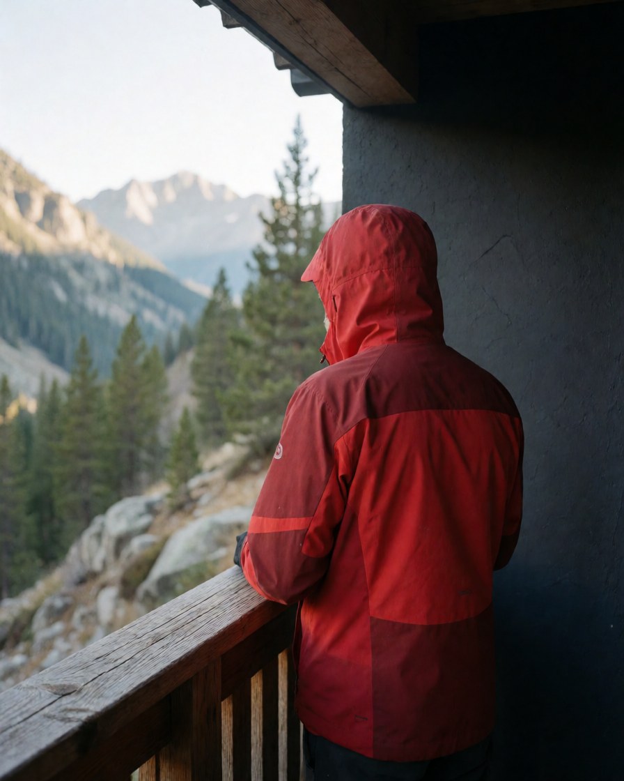 Un homme portant une veste rouge regarde un paysage montagneux depuis un balcon en bois.