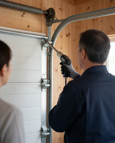 Un technicien en uniforme bleu ajuste une porte de garage blanche à l'aide d'un outil numérique dans un garage aux murs en bois clair, tandis qu'une personne observe depuis la gauche.