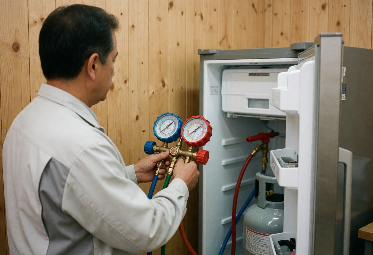 Un technicien en uniforme charge du réfrigérant dans un réfrigérateur à l'aide d'un manomètre, avec des outils et des tuyaux visibles dans un atelier.