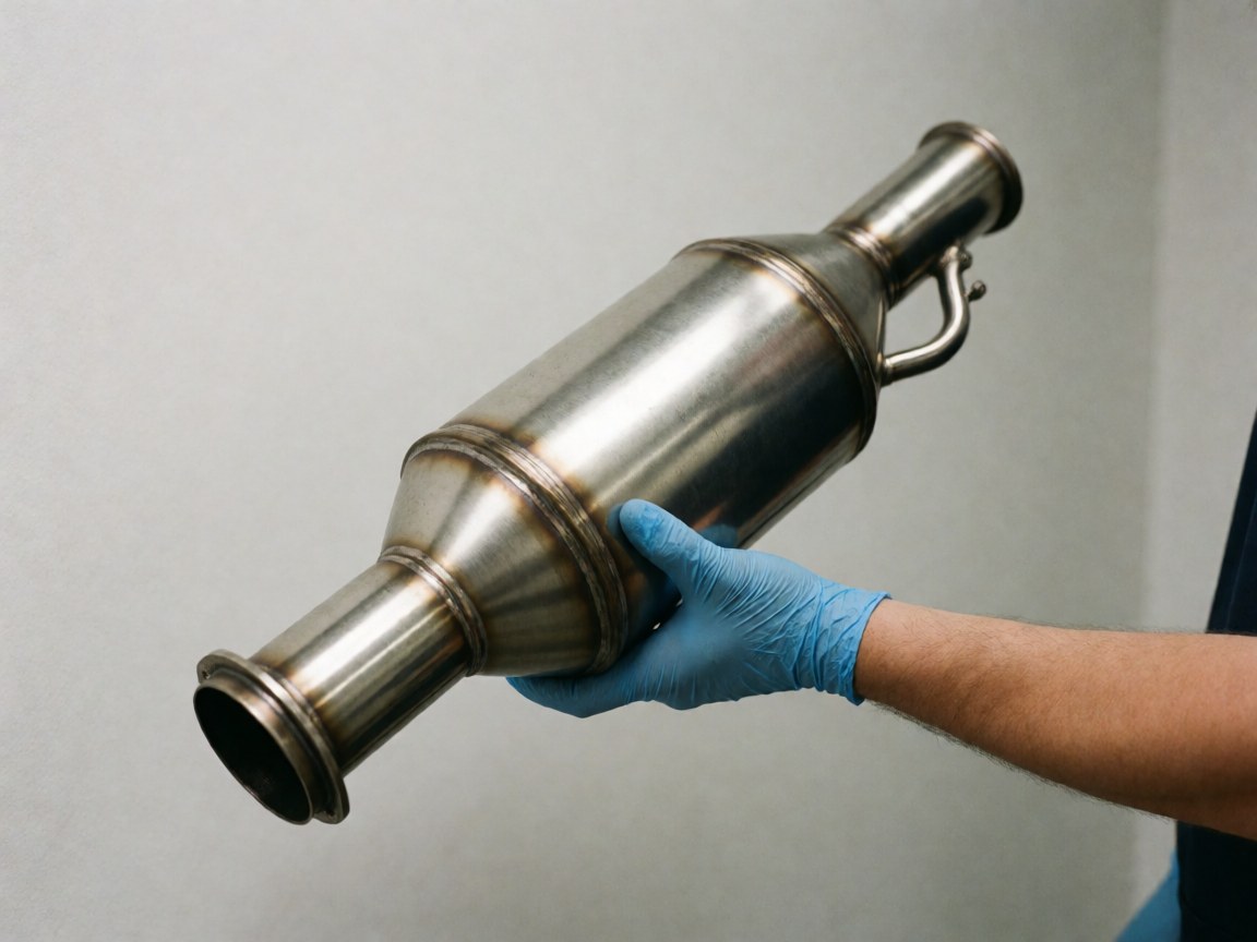 Gros plan d'une main portant un gant bleu tenant un catalyseur métallique sur fond gris neutre avec éclairage professionnel mettant en valeur les détails.