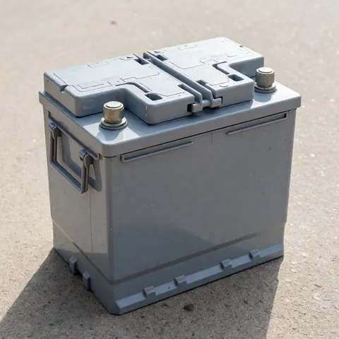Batterie d'automobile recyclable sans marques avec bornes visibles sur surface en béton prête pour le recyclage.