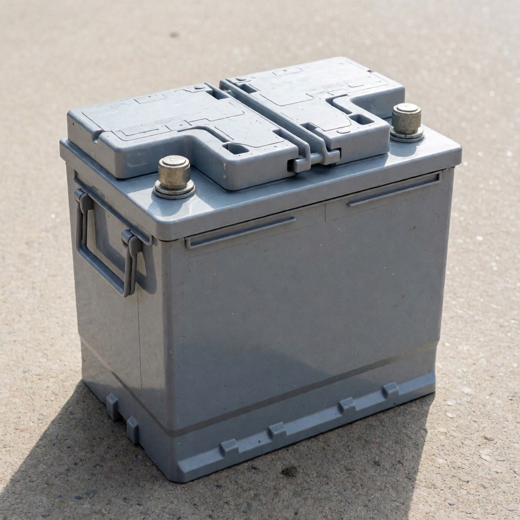 Batterie d'automobile recyclable sans marques avec bornes visibles sur surface en béton prête pour le recyclage.