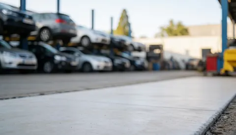 Surface plane de béton propre au premier plan avec des véhicules hors d'usage et des structures industrielles floues en arrière-plan, servant de support pour du texte commercial.