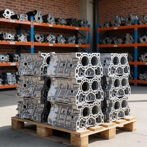 Des blocs de moteur en aluminium recyclés sont empilés sur une palette en bois dans un entrepôt avec des étagères industrielles et des pièces organisées.
