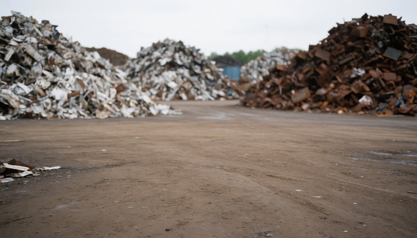 Cour de recyclage avec des piles de métal rouillé et non rouillé sur un sol en terre compactée, servant de fond neutre pour du texte.