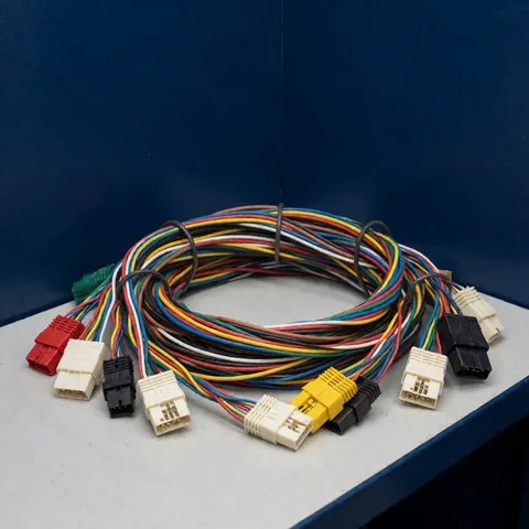 Câblage automobile recyclé présentant des connecteurs aux couleurs vives disposés sur une table de travail, avec un fond bleu foncé.