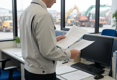 Un employé en uniforme examine des papiers à son bureau, avec à travers les grandes fenêtres la vue d'une cour de recyclage de véhicules.