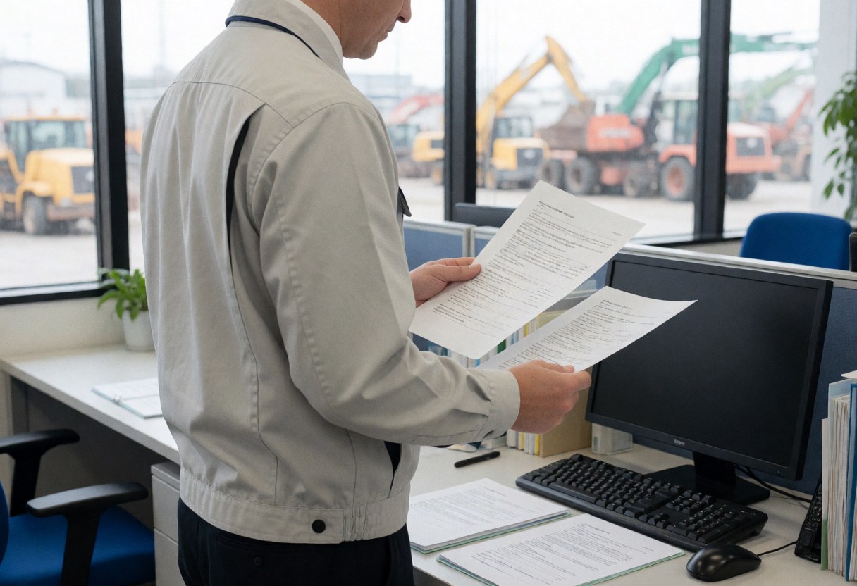 Un employé en uniforme examine des papiers à son bureau, avec à travers les grandes fenêtres la vue d'une cour de recyclage de véhicules.
