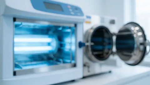 Fond stérile d'un salon de beauté avec stérilisateur UV et autoclave, lumières bleues et métal brillant, idéal pour textes sur l'hygiène et la stérilisation.