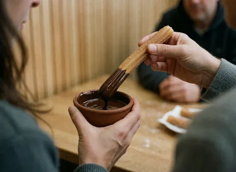 Des mains immergeant un churro saupoudré de sucre dans du chocolat chaud, sur une table en bois.