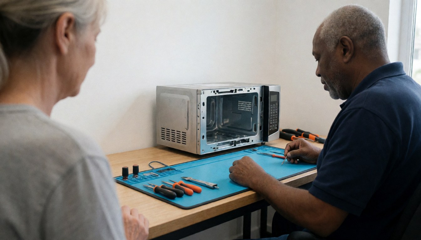 Un technicien répare un micro-ondes sur une table avec des outils tandis qu'un client observe depuis le côté gauche.