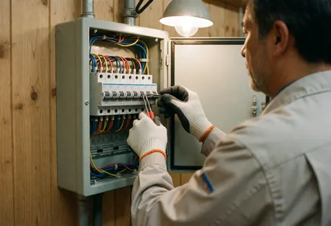 Un électricien professionnel connecte des fils dans une boîte électrique avec lumière de travail, murs en bois, gants et outils visibles.