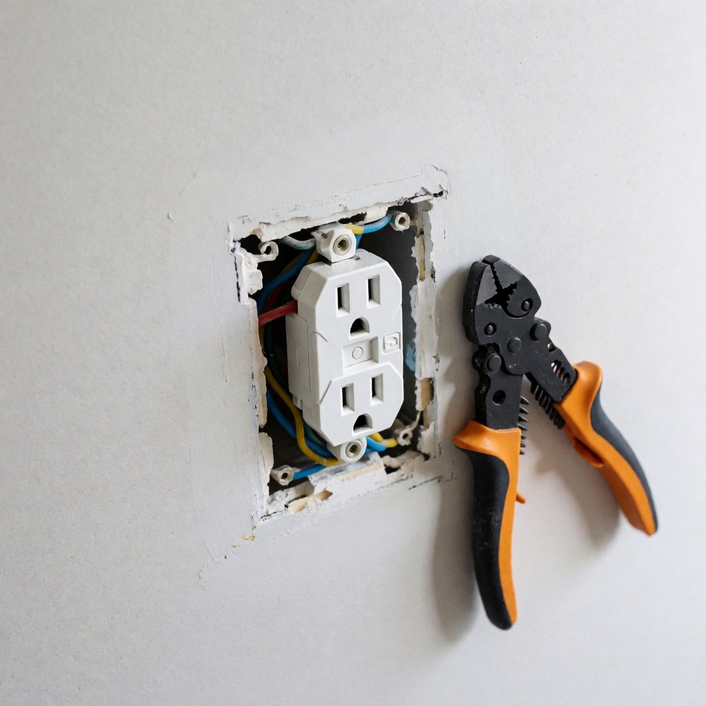 Une prise électrique blanche fraîchement installée sur un mur blanc, avec des câbles multicolores visibles et une pince à côté.