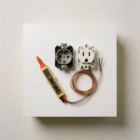 Prise électrique démontée avec un testeur de tension et des câbles en cuivre posés sur une surface blanche, destinée à l'électricien résidentiel.
