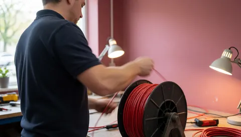 Un électricien professionnel déroule un gros bobinage de câble rouge dans un atelier avec un mur rose et des lumières de travail.