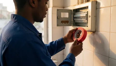Électricien professionnel tenant un ruban rouge devant un panneau électrique, sur un mur de carreaux blancs, éclairage chaleureux, ambiance réaliste et sécurisée.