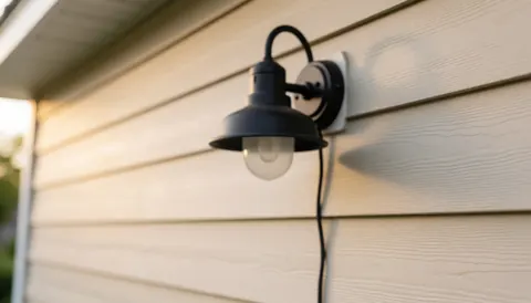 Lumière chaude émise par un luminaire noir fixé à un mur beige en planches, avec câble apparent, servant de fond pour textes professionnels.