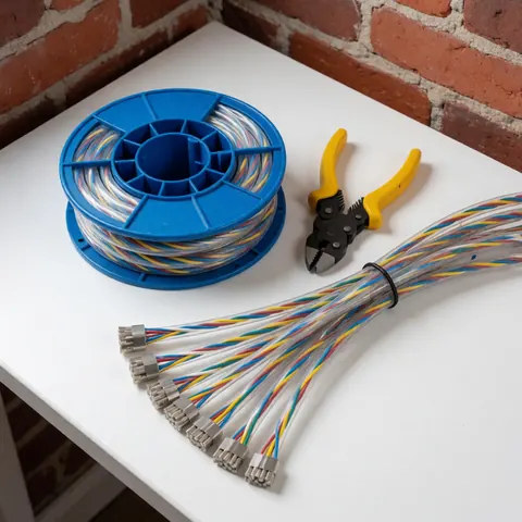 Bobine de câbles réseau UTP bleue et câblage CAT6 avec connecteurs, accompagnés d'une pince à bout jaune sur une table blanche avec un mur de briques rouges en arrière-plan.