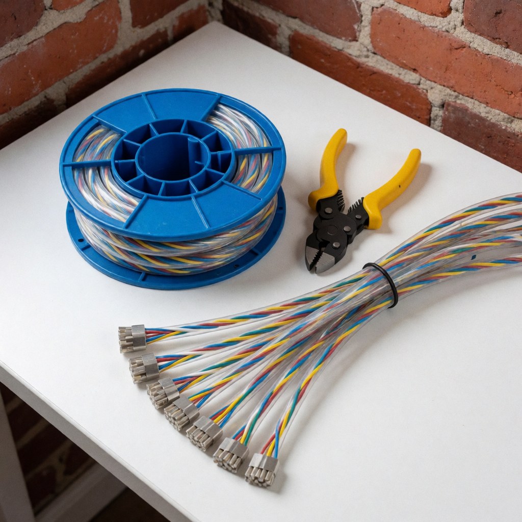 Bobine de câbles réseau UTP bleue et câblage CAT6 avec connecteurs, accompagnés d'une pince à bout jaune sur une table blanche avec un mur de briques rouges en arrière-plan.