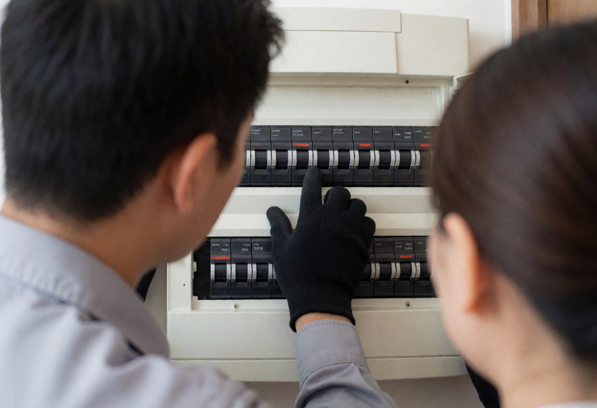 Un électricien portant un gant noir examine un panneau de circuits dans une maison tandis qu'une autre personne observe attentivement la scène.