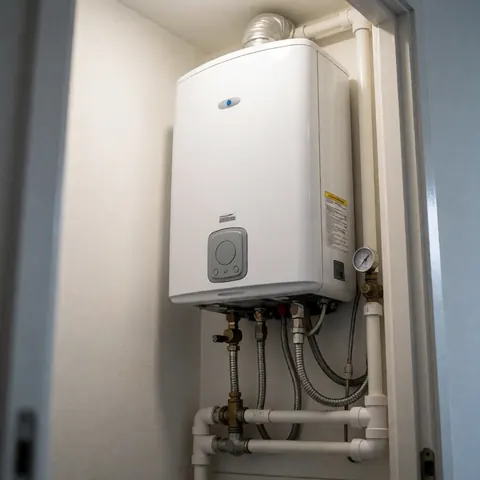 Chauffe-eau instantané blanc installé dans une pièce technique, avec tuyaux d'eau et de gaz connectés, pression visible et éclairage fonctionnel.