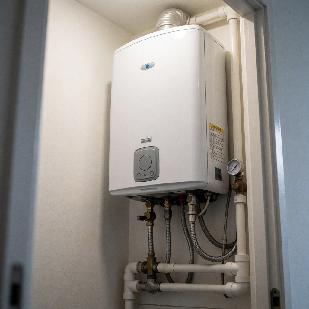 Chauffe-eau instantané blanc installé dans une pièce technique, avec tuyaux d'eau et de gaz connectés, pression visible et éclairage fonctionnel.