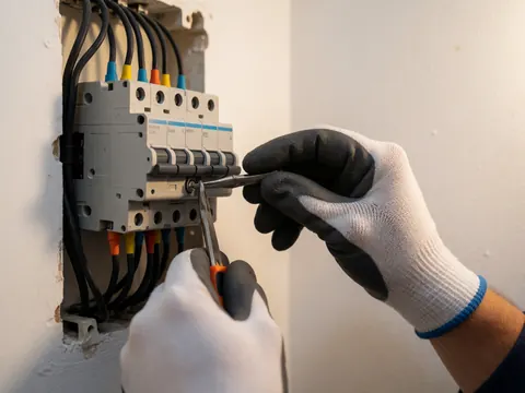 Gant protégeant la main qui serre une connexion sur un interrupteur mural blanc avec des câbles noirs isolés, éclairage chaud et technique précise.