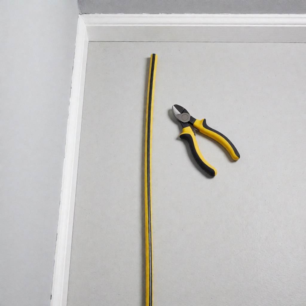 Câble électrique RYY-U jaune et noir posé sur une surface grise claire, accompagné d'un coupe-câbles, idéal pour les installations résidentielles.