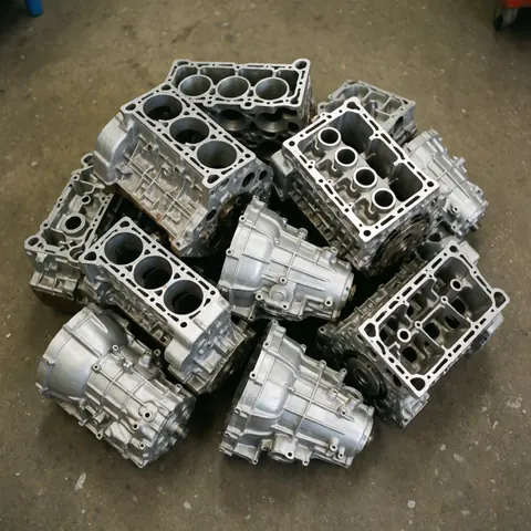 Empilement de composants moteurs en aluminium brillant posés sur un sol en béton, évoquant le secteur du recyclage automobile et la valorisation des matériaux métalliques.