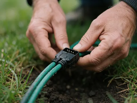 Gros plan de mains d'adulte branchant un câble vert avec un connecteur noir sur le sol, outil visible, scène de travail électrique extérieur, détail de connexion.