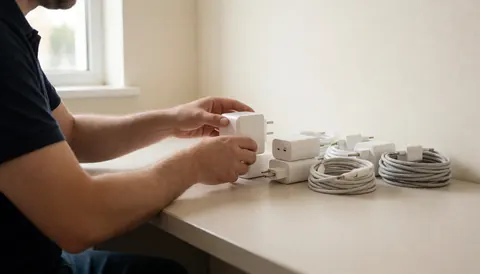 Un technicien arrange des chargeurs et câbles blancs sur un comptoir propre avec lumière naturelle, dans un environnement professionnel ordonné.