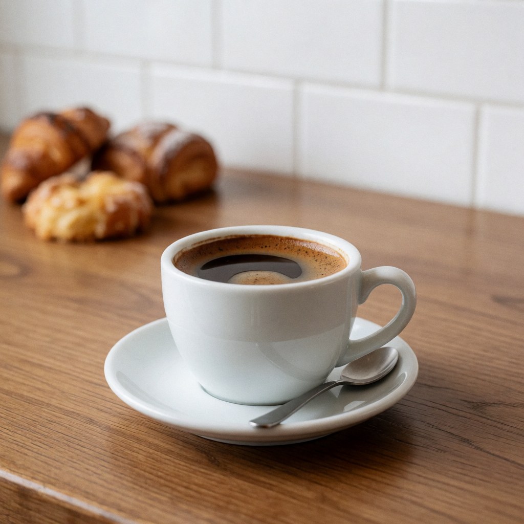 Tasse de café moka posée sur une soucoupe avec une cuillère, accompagnée de croissants sur une table en bois devant un mur de carreaux blancs.