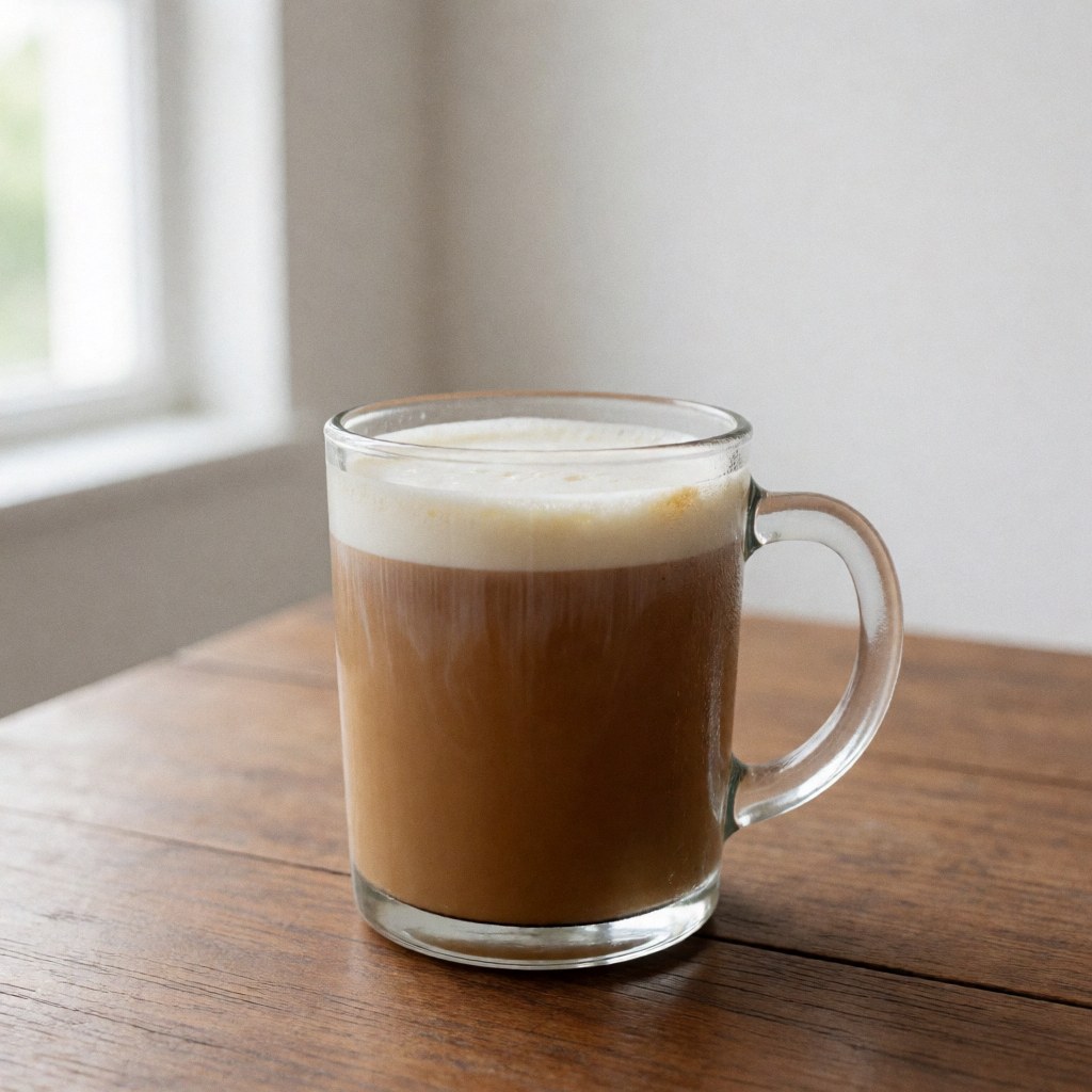 Un café au lait servi dans un verre transparent posé sur une table en bois, avec une mousse de lait visible et éclairé par la lumière naturelle venant d'une fenêtre.
