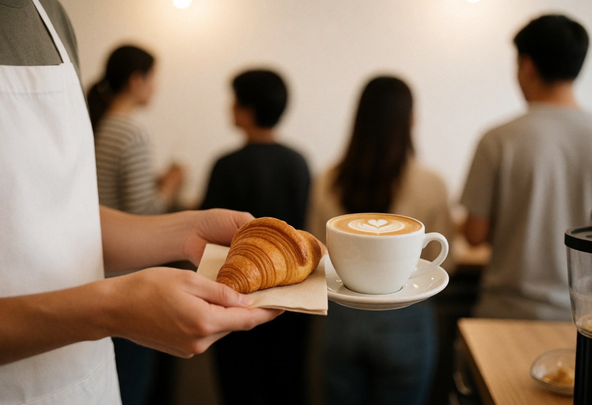 Un barista sert un croissant doré et un cappuccino orné d'un cœur en mousse dans un café aux murs blancs avec des clients en arrière-plan.