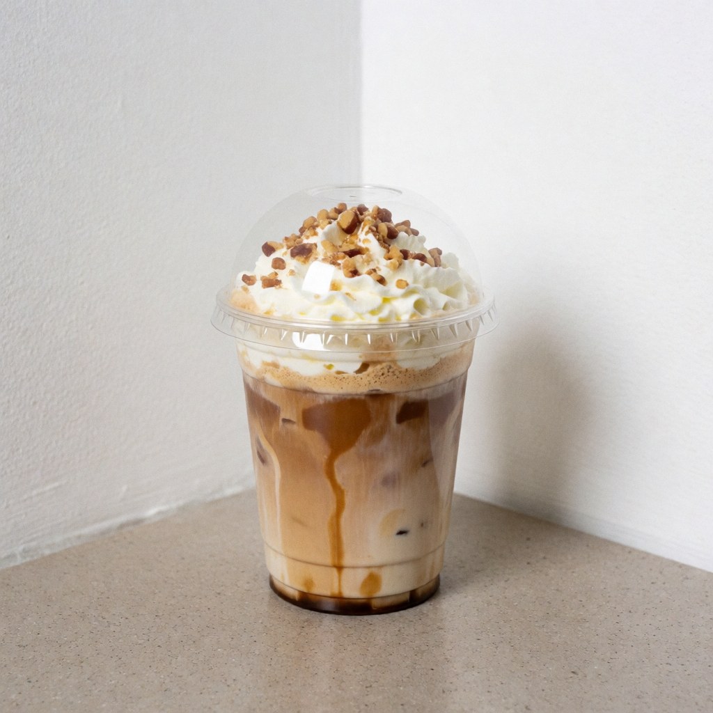 Verre transparent contenant du café glacé, garni de crème fouettée et de noix hachées, posé sur une surface en pierre claire contre un fond blanc lumineux.
