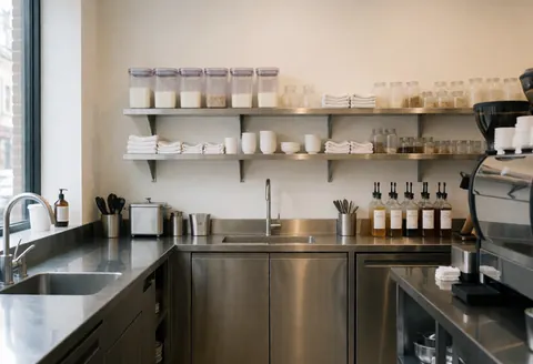Zone de préparation du café avec étagères métalliques, contenants de lait végétal, sucres et serviettes blanches sous lumière naturelle.
