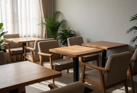 Intérieur d'un espace lumineux avec tables en bois, chaises tapissées, plantes vertes et murs clairs, créant une ambiance calme pour travailler ou se détendre.